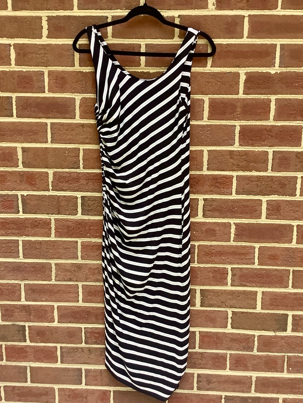 EUC Vince Camuto Black Tan Striped Tank Dress Body-con Ruched Slit S